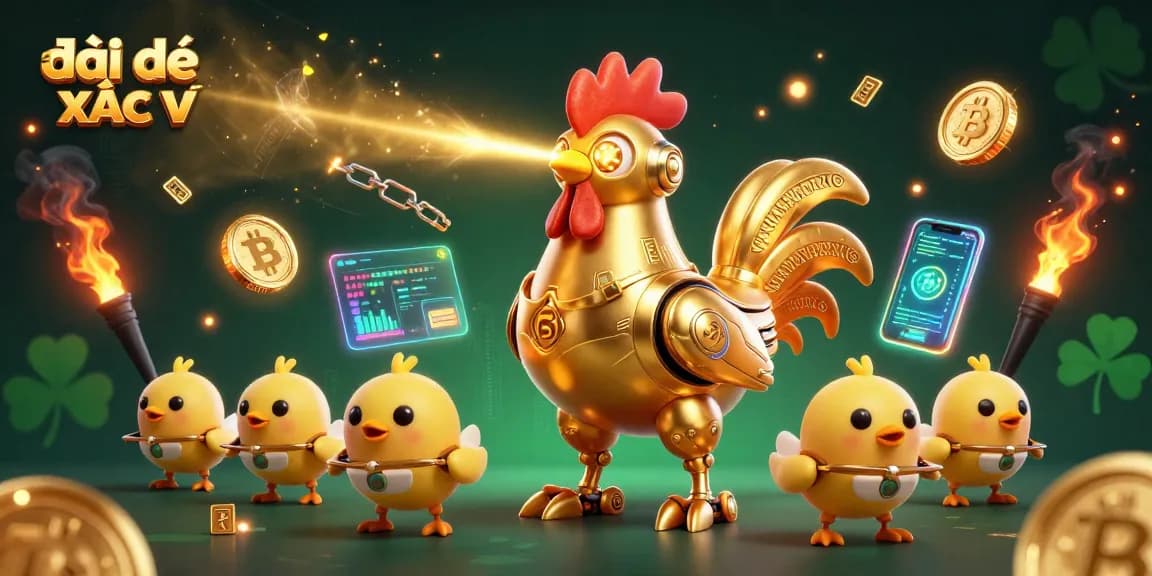 Engage with đại dịch xác sống as the golden rooster robot and chicks battle for crypto coins in an immersive illustration.