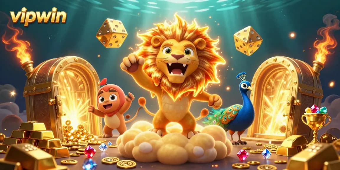 Experience thrilling wins at vipwin with a vibrant 3D casino scene filled with treasures and lively characters.