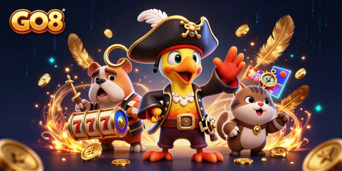 Experience thrilling casino excitement with GO8's vibrant 3D pirate-themed digital illustration showcasing dynamic gambling elements.
