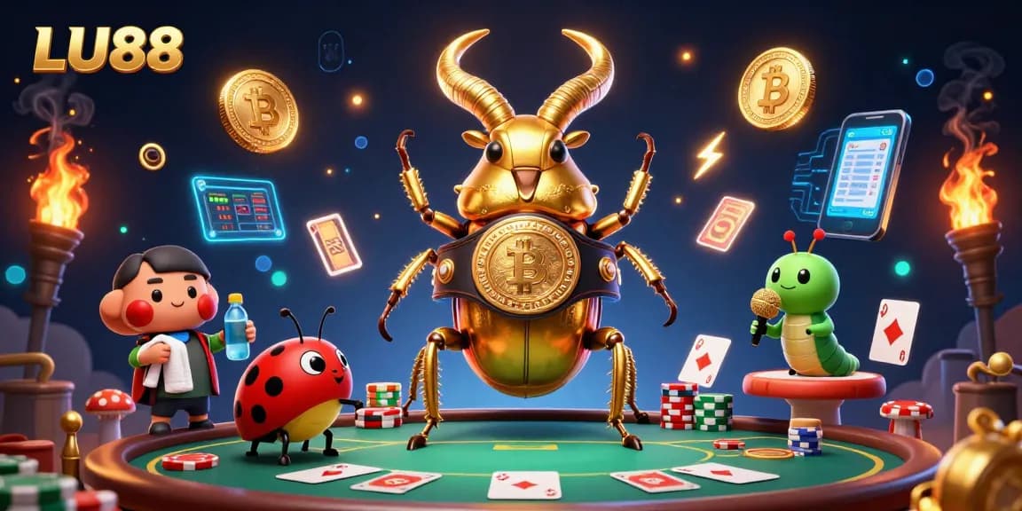 LU88's 3D representation of vibrant casino action, highlighting poker elements and dynamic characters.