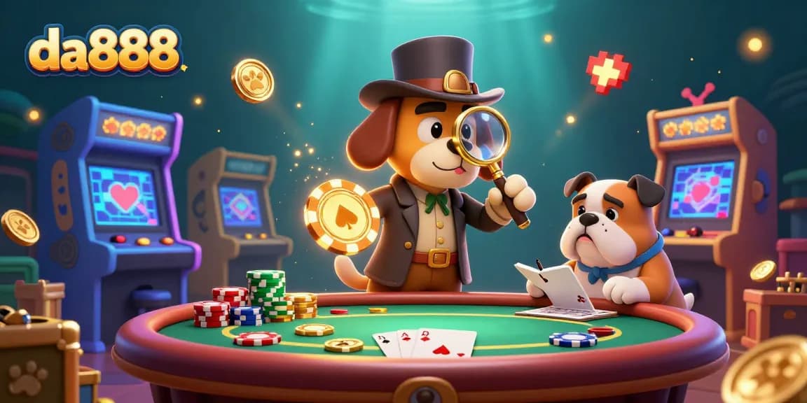 Join the da888 adventure with a detective bloodhound at a vibrant poker scene full of clues and casino elements.