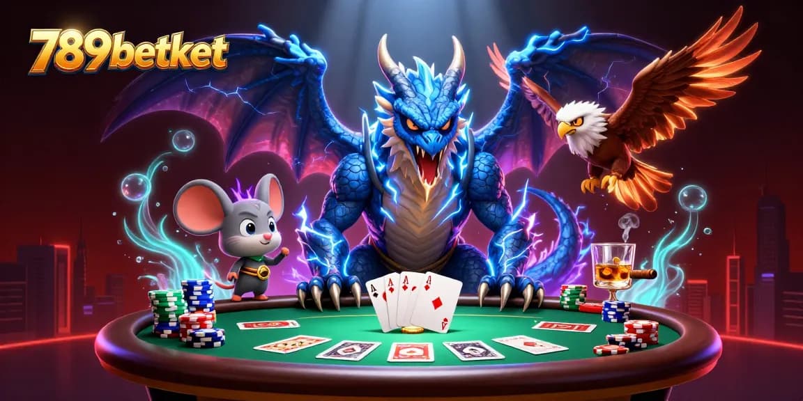 Experience thrilling action at 789betket poker tables with electrifying characters in vibrant illustration.