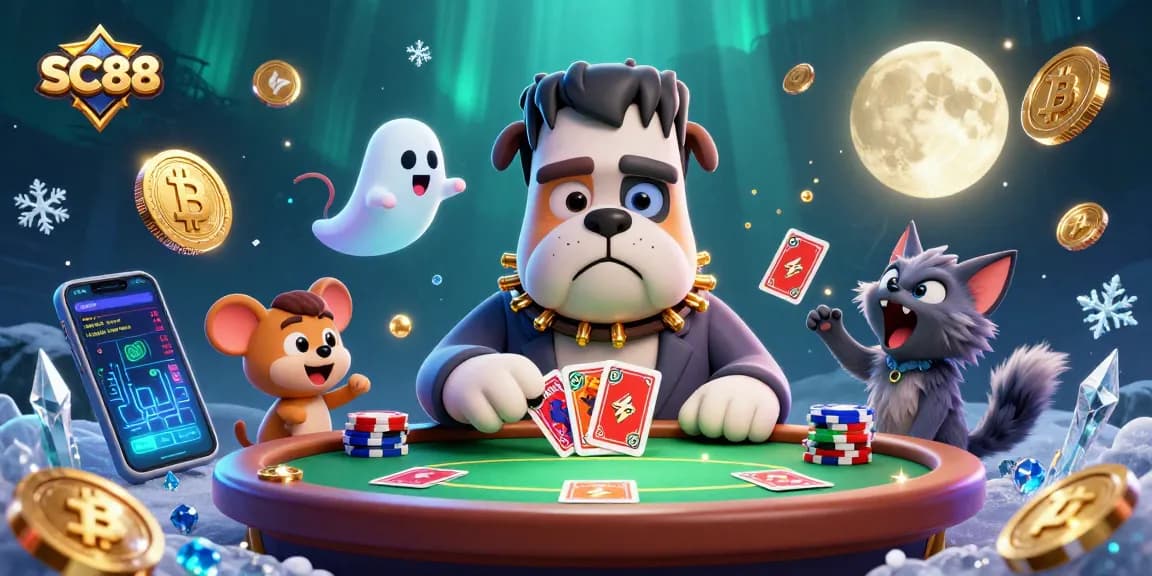 Engage in thrilling poker with SC88 featuring a Frankenstein bulldog dealer at a spooky table.