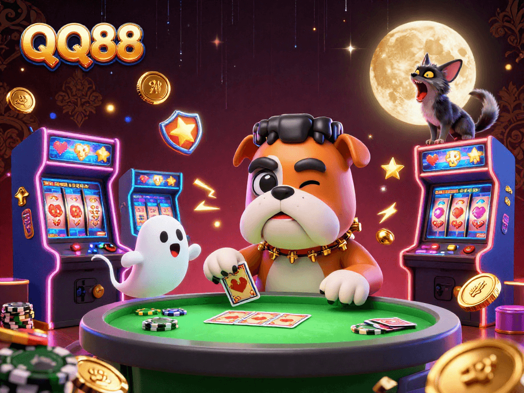 Experience thrilling slots and casino action with QQ88's vibrant characters in a dynamic gaming scene.