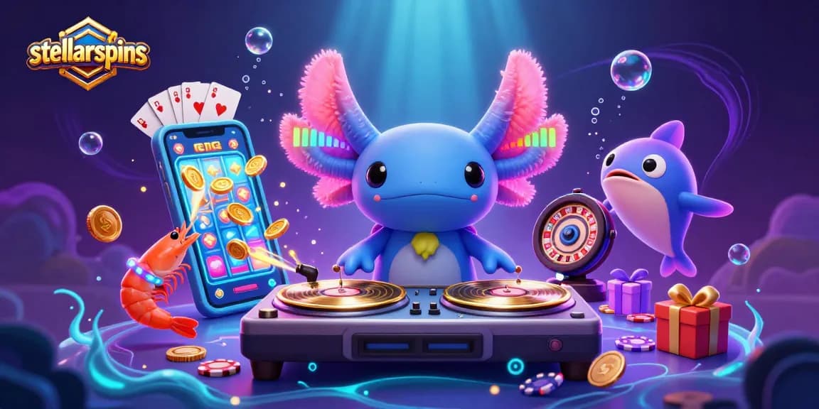 Experience excitement with stellarspins as a vibrant axolotl DJ spins in a lively casino scene.