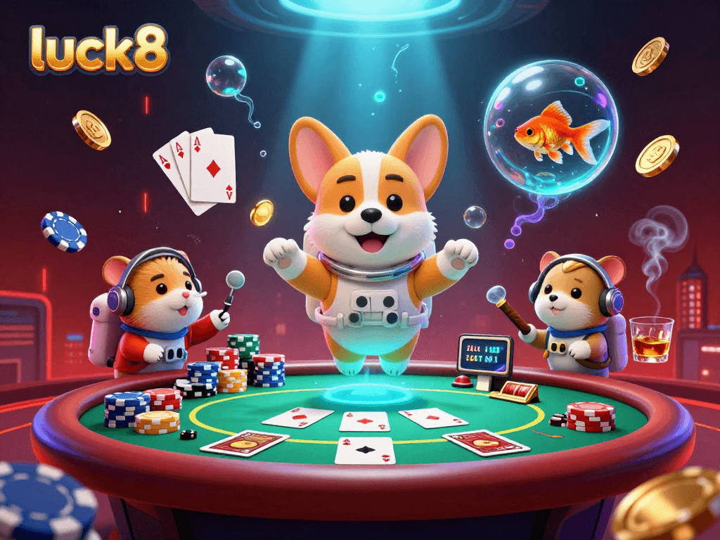 Experience excitement with luck8 as cartoon characters engage in thrilling casino gaming.