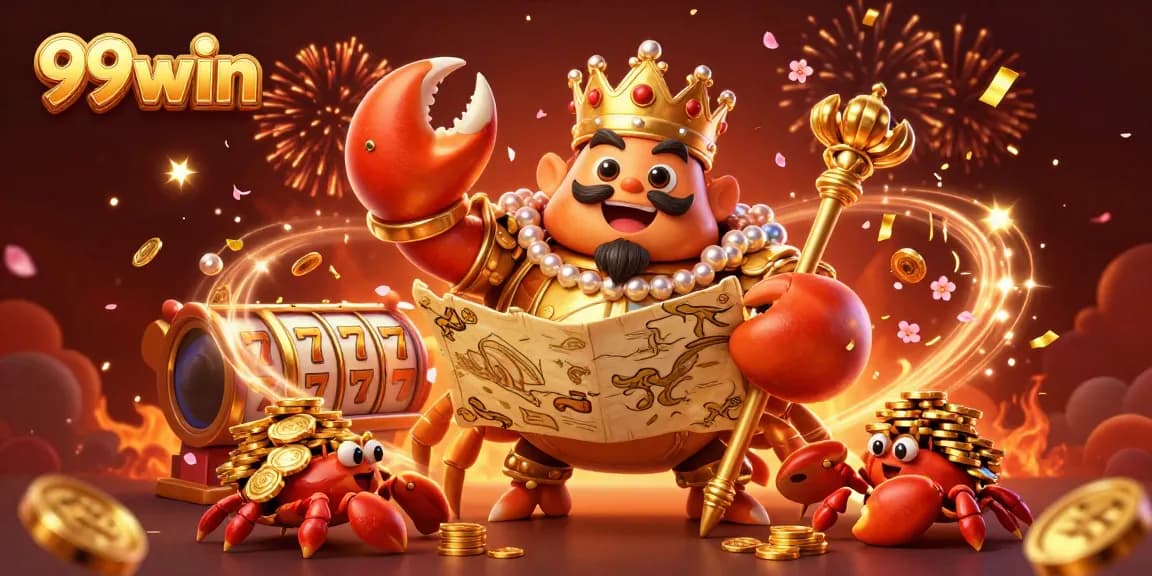 Join the fun with 99win's golden crab emperor leading an exciting casino game celebration!