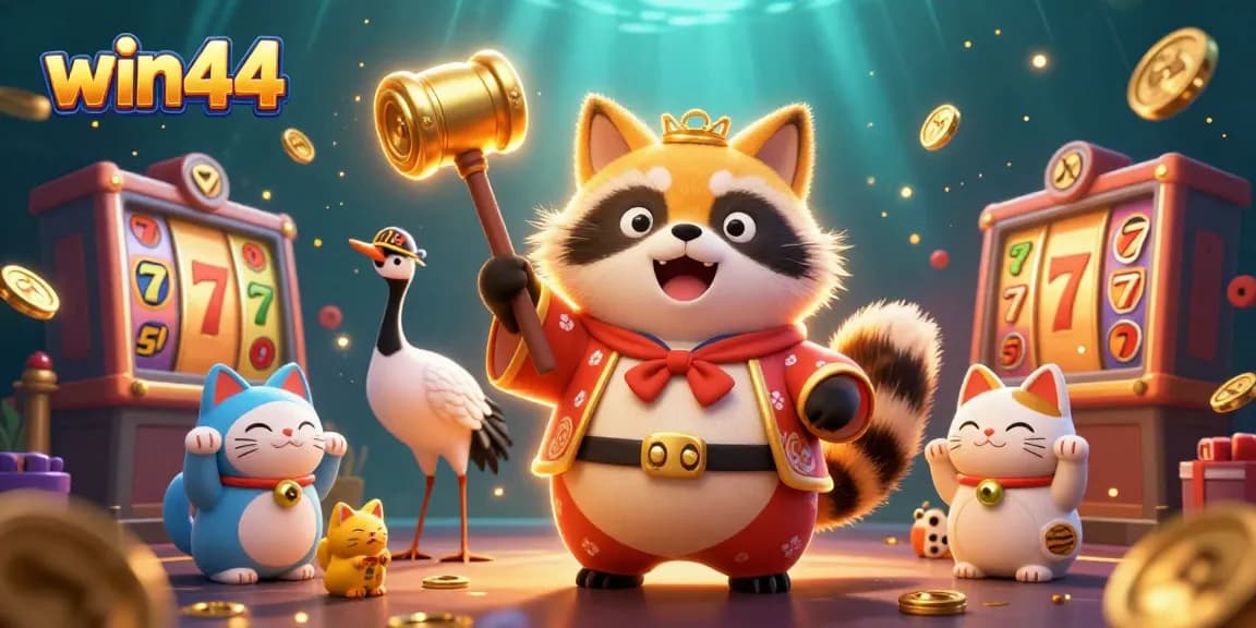 Experience the excitement of win44 with playful characters, vibrant slot elements, and captivating casino imagery.
