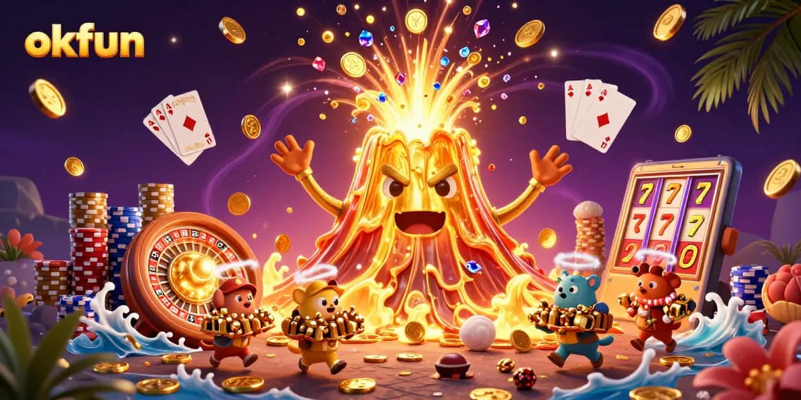 Experience big wins at okfun with a vibrant 3D casino scene featuring a golden volcano and treasures.