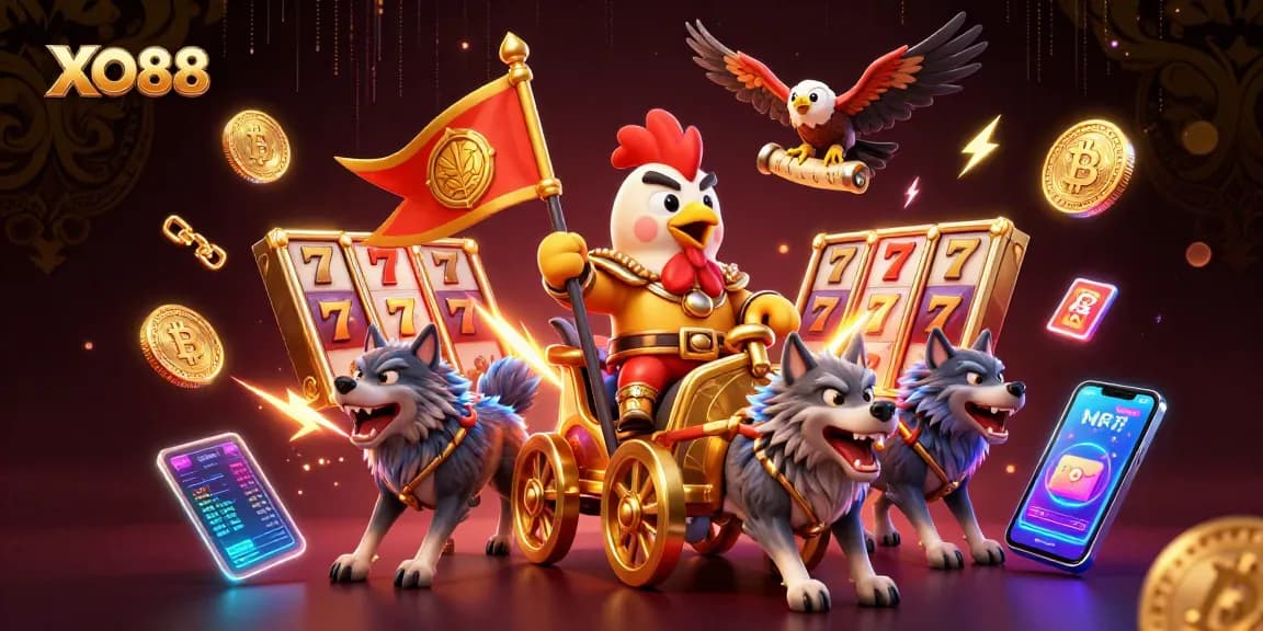 Engage with XO88's thrilling slot experience featuring a rooster warlord and dynamic gaming elements.