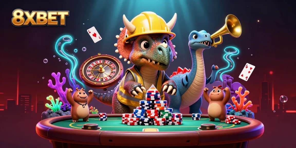 8XBET brings excitement with a triceratops building poker chips amidst casino elements.