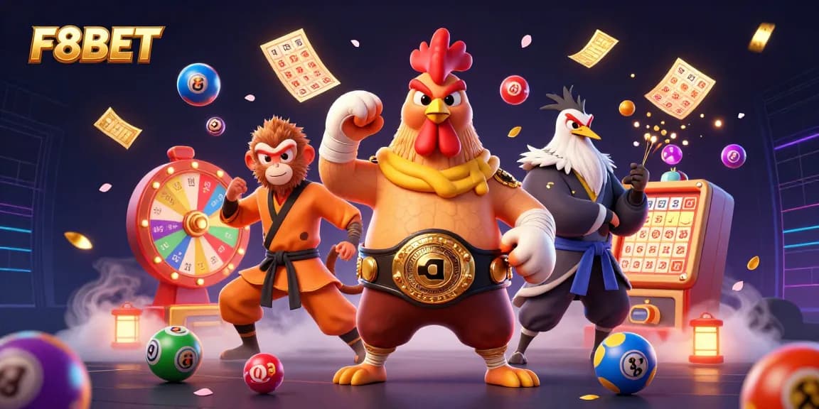 Experience vibrant lottery excitement with F8BET's colorful dynamic 3D casino illustration featuring engaging characters and elements.