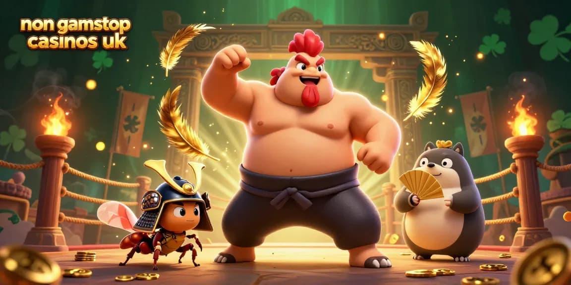 Battle scene showcasing non gamstop casinos uk with sumo wrestlers and samurai elements.