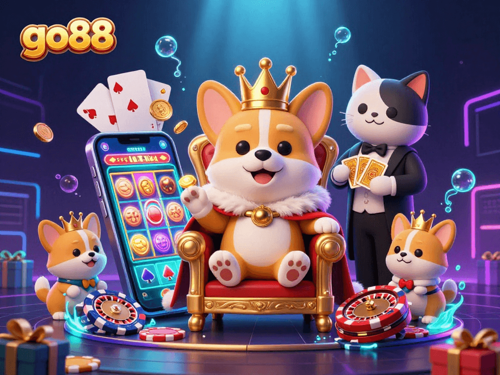 Experience thrilling gameplay at go88 with a vibrant casino scene featuring a royal corgi and dynamic game elements.