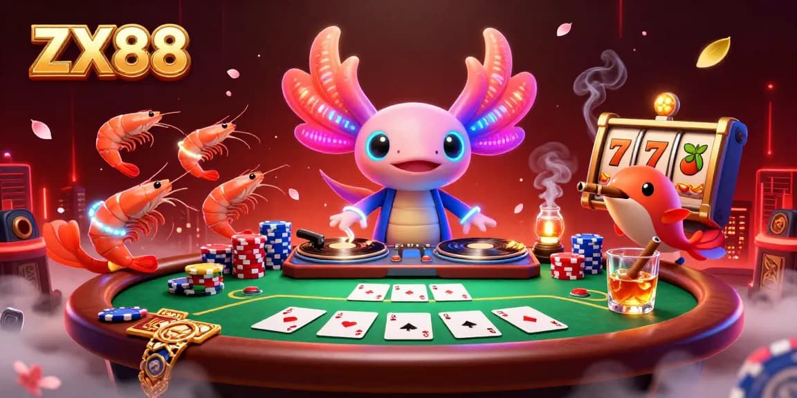 Experience ZX88's vibrant casino atmosphere with an energetic axolotl DJ and colorful poker elements.