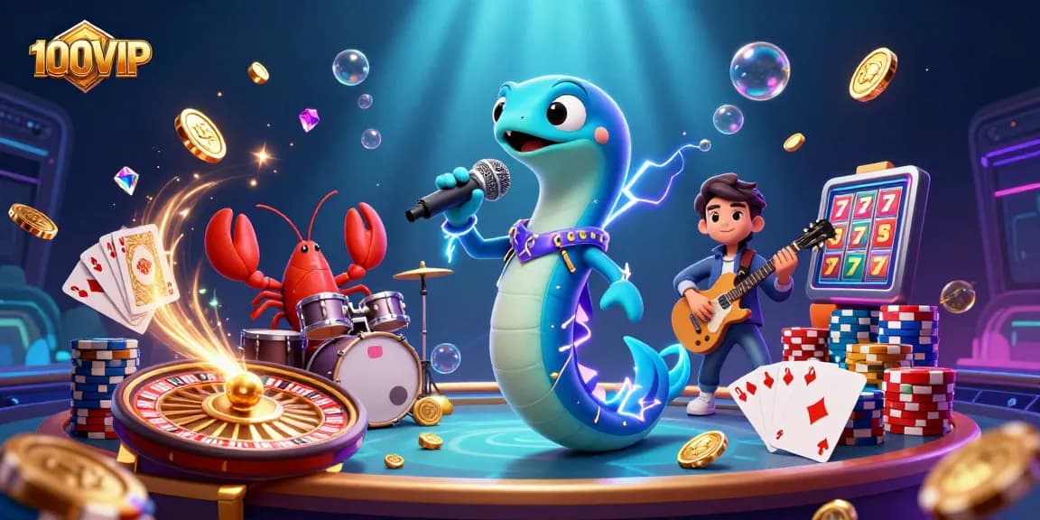 100VIP showcases thrilling underwater casino vibes with electric eel DJ and vibrant game elements.