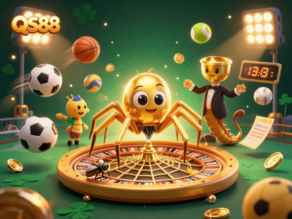 Experience thrilling bets at QS88 with a 3D cartoon scene showcasing a roulette wheel, sports elements, and golden ambiance.