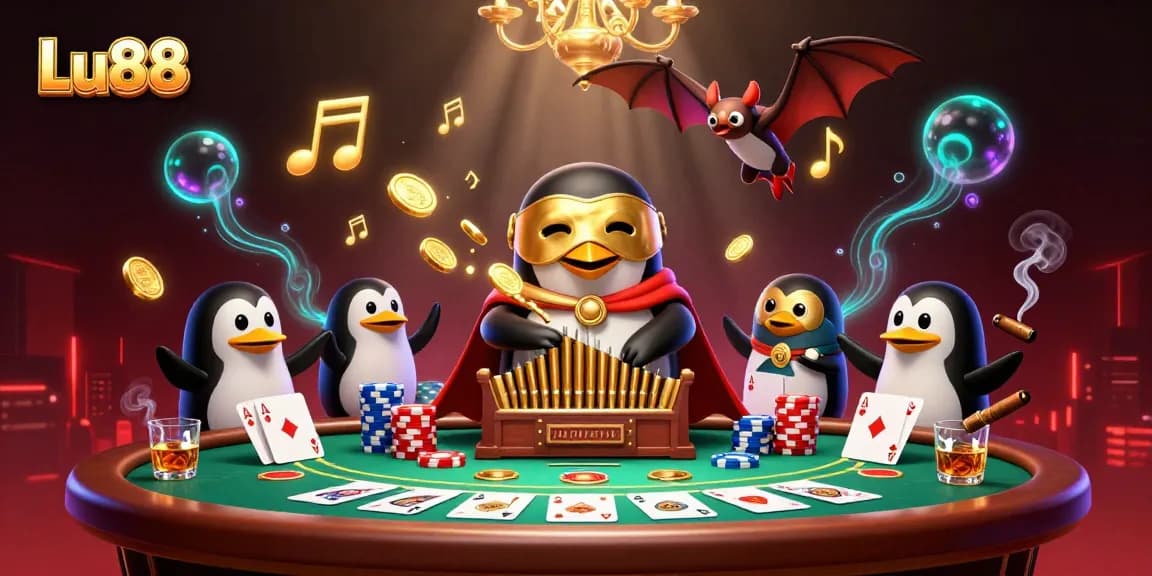 Lu88 showcases thrilling gameplay with a penguin organist amidst vibrant casino action.