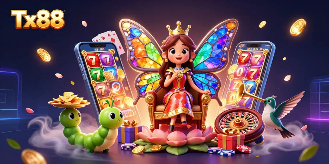 Experience Tx88 vibrant gaming with spinning slots, poker chips, and colorful characters in this casino illustration.