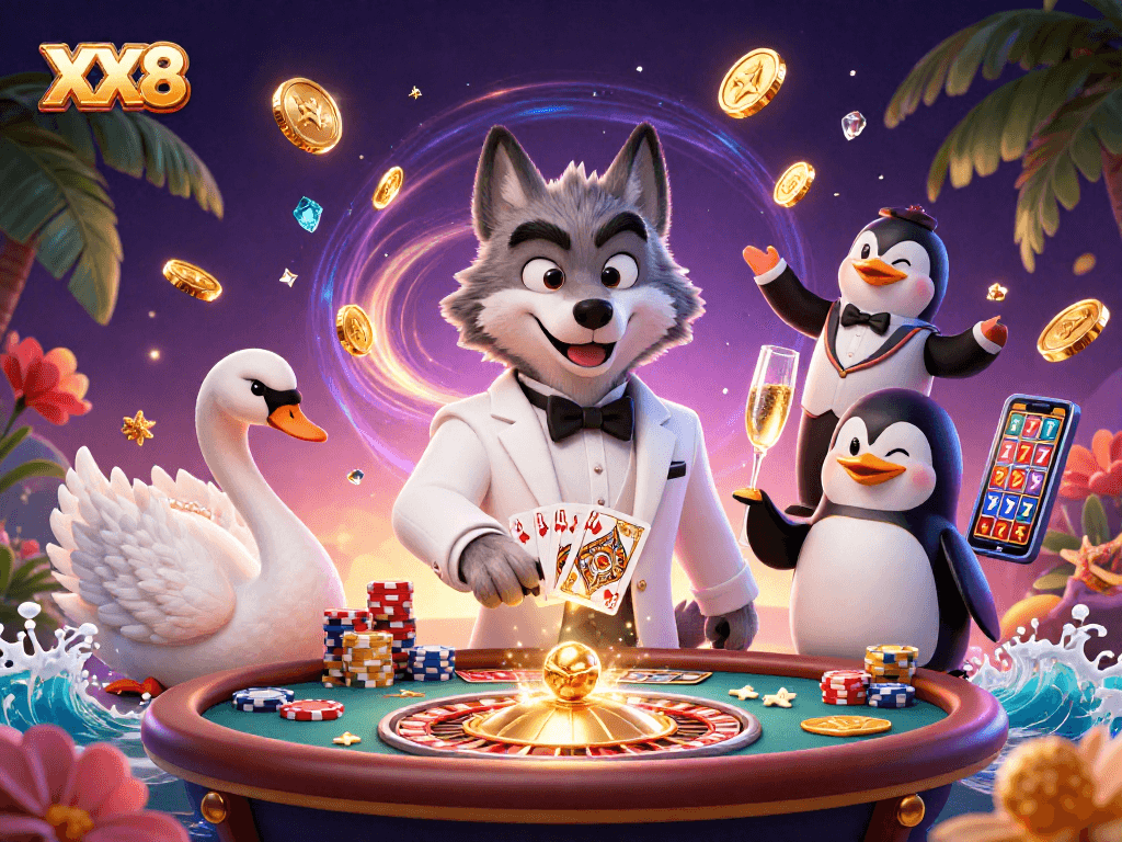 Win big at XX8 with a dynamic illustration of a wolf, swan, and penguin in a vibrant casino.