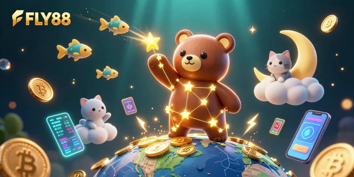 Engage with FLY88's stellar gaming experience featuring a constellation bear and vibrant casino elements.