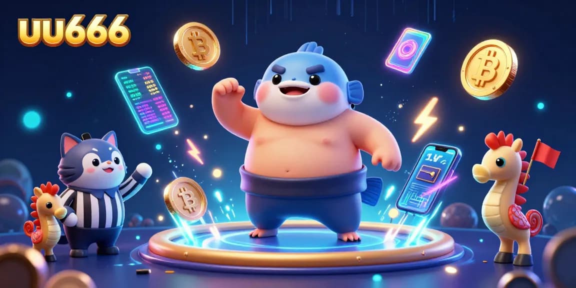 Engaging scene displaying uu666 with a cartoon fugu character, crypto-themed elements, and vibrant casino atmosphere.