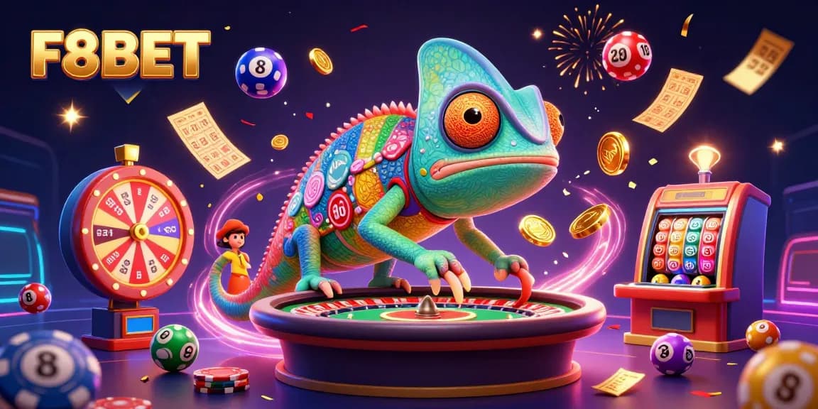 Win big with F8BET in this vibrant, dynamic casino illustration showcasing thrilling lottery games and golden prizes.
