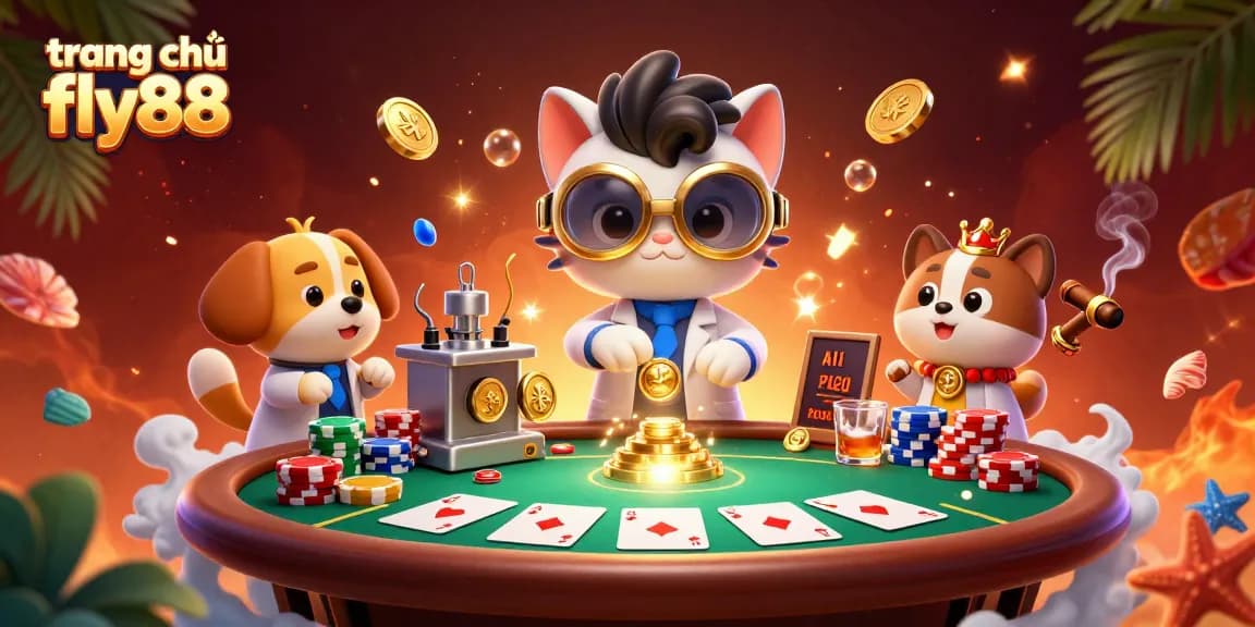 Experience the excitement at trang chủ fly88 with a vivid illustration of a cat scientist and dog assistant in a casino-themed scene.