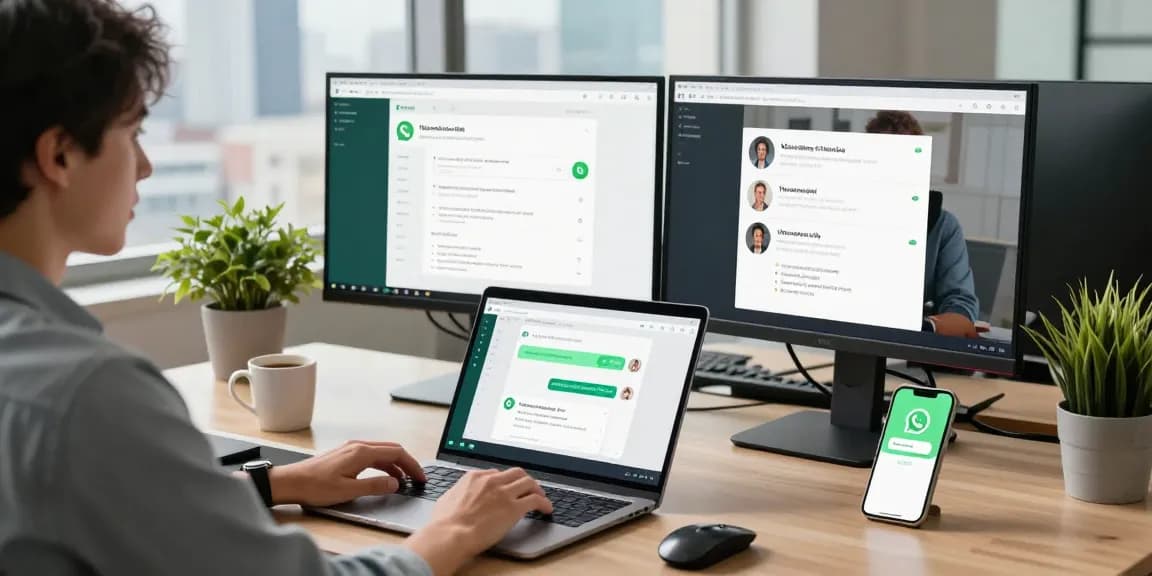 Using WhatsApp電腦版 on a modern office setup with dual monitors and city view.