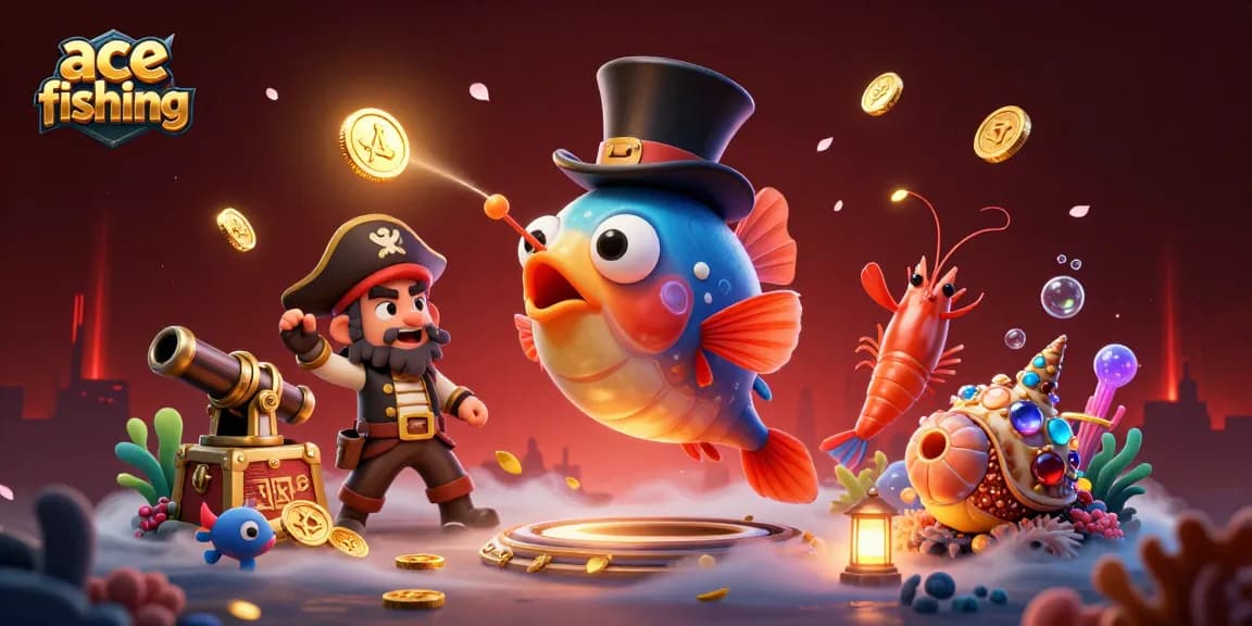 Experience ace fishing as the anglerfish lures golden coins, surrounded by treasure and underwater magic.