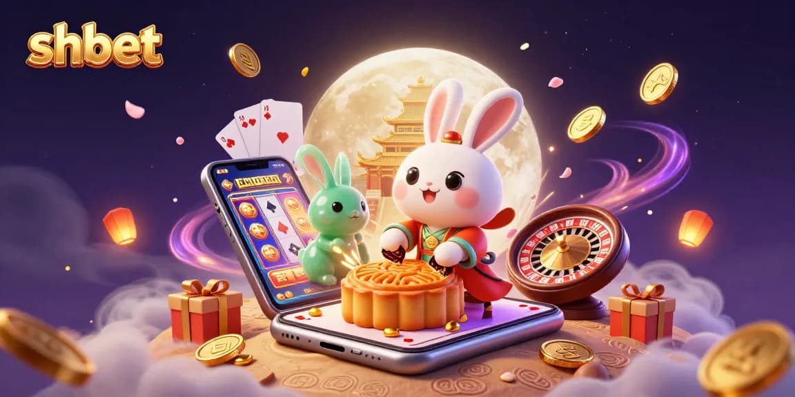 Experience the excitement with shbet as the moon rabbit reveals poker chips while surrounded by vibrant casino elements.