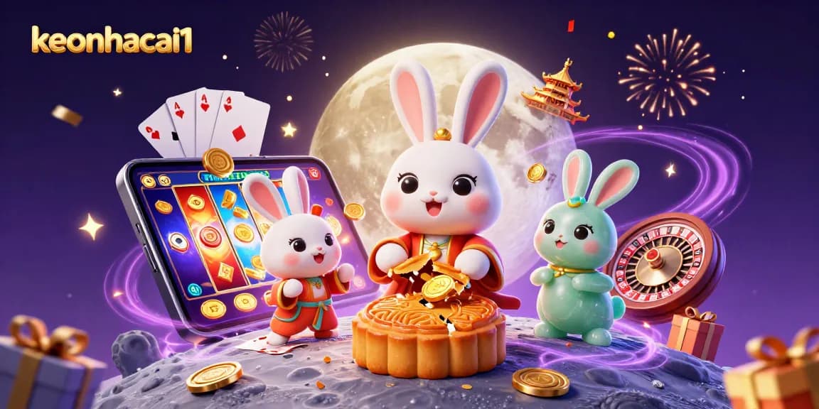 Explore the magical world of keonhacai1 where a moon rabbit reveals poker chips amidst colorful casino elements.