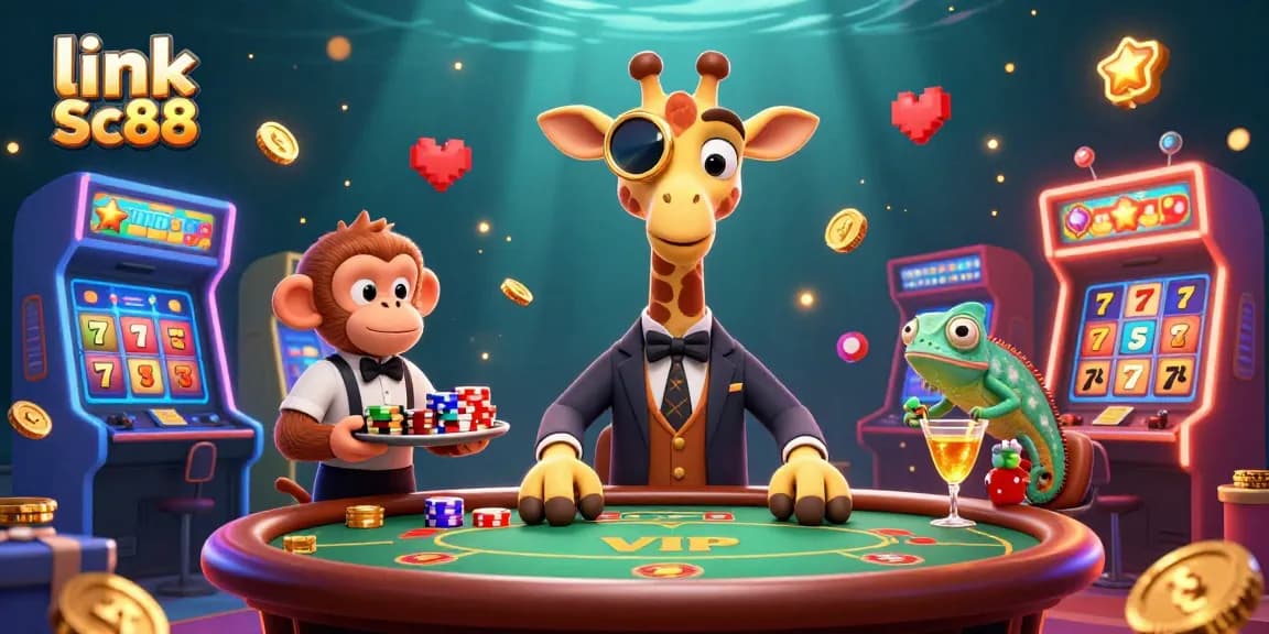 Experience the thrill of winning with link Sc88 at a vibrant casino scene featuring a giraffe, monkey, and chameleon.