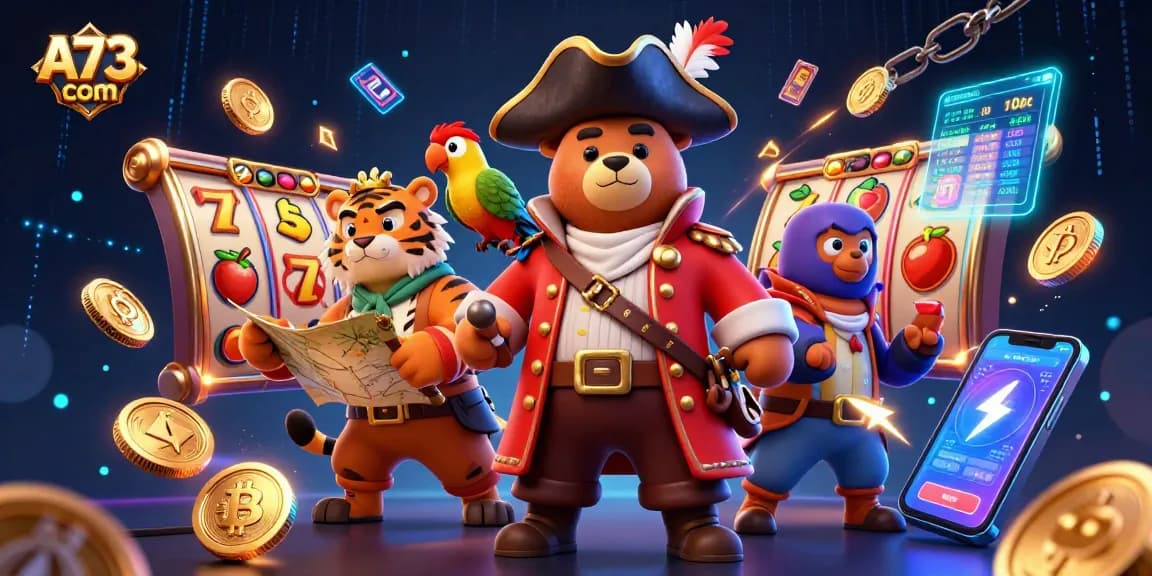 A73 com oferece uma ilustração vibrante com um capitão urso e seus amigos no cassino, explorando jogos.