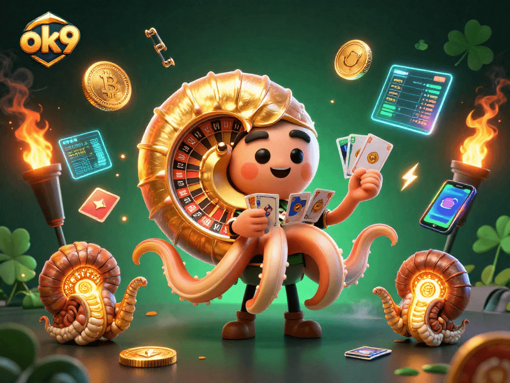 Experience engaging casino action with ok9, a nautilus-themed roulette wheel and glowing crypto elements.