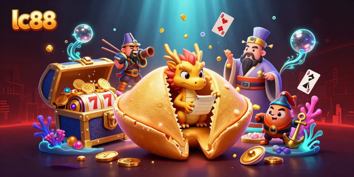 Engage with the lc88 excitement as the golden fortune cookie reveals winning symbols in a dynamic casino scene.