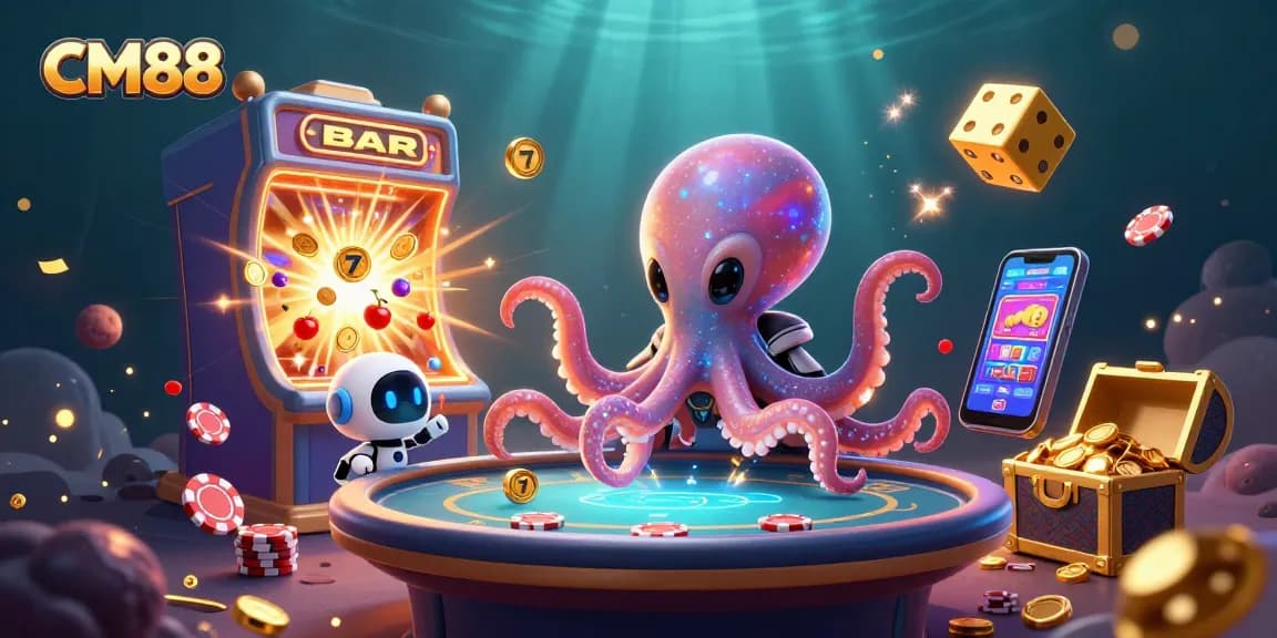 CM88's vibrant alien octopus at a poker table, dynamic casino effect capturing thrilling gameplay.