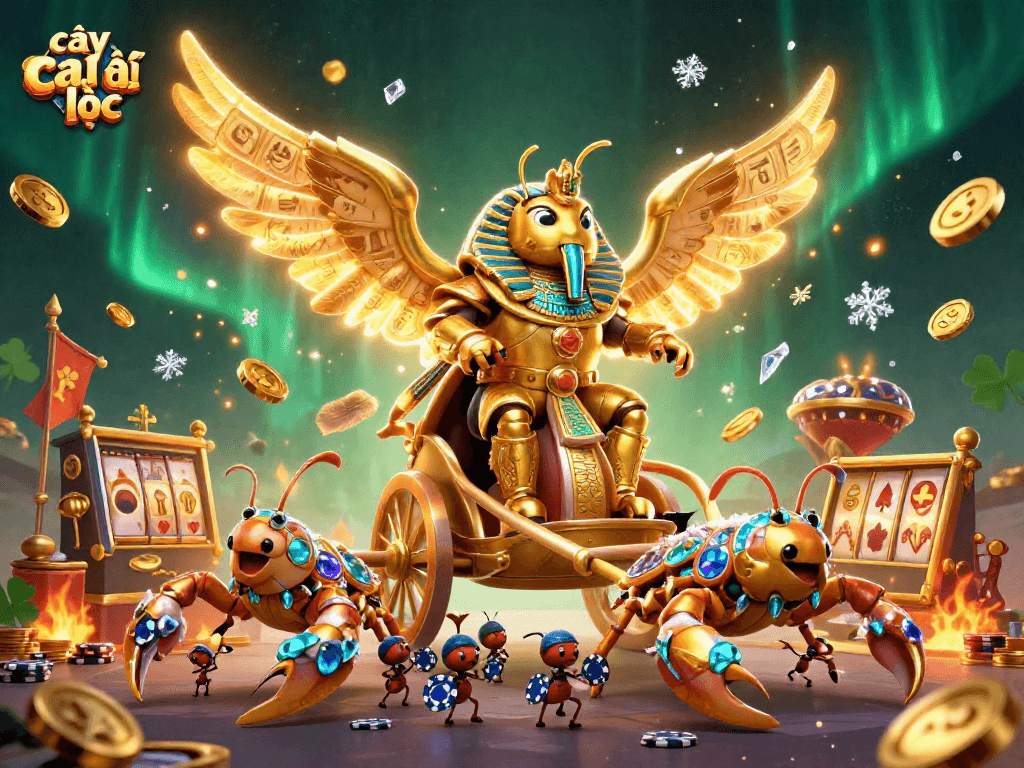 Spin the reels with cây tài lộc, as golden scarab and scorpions bring luck and winnings!