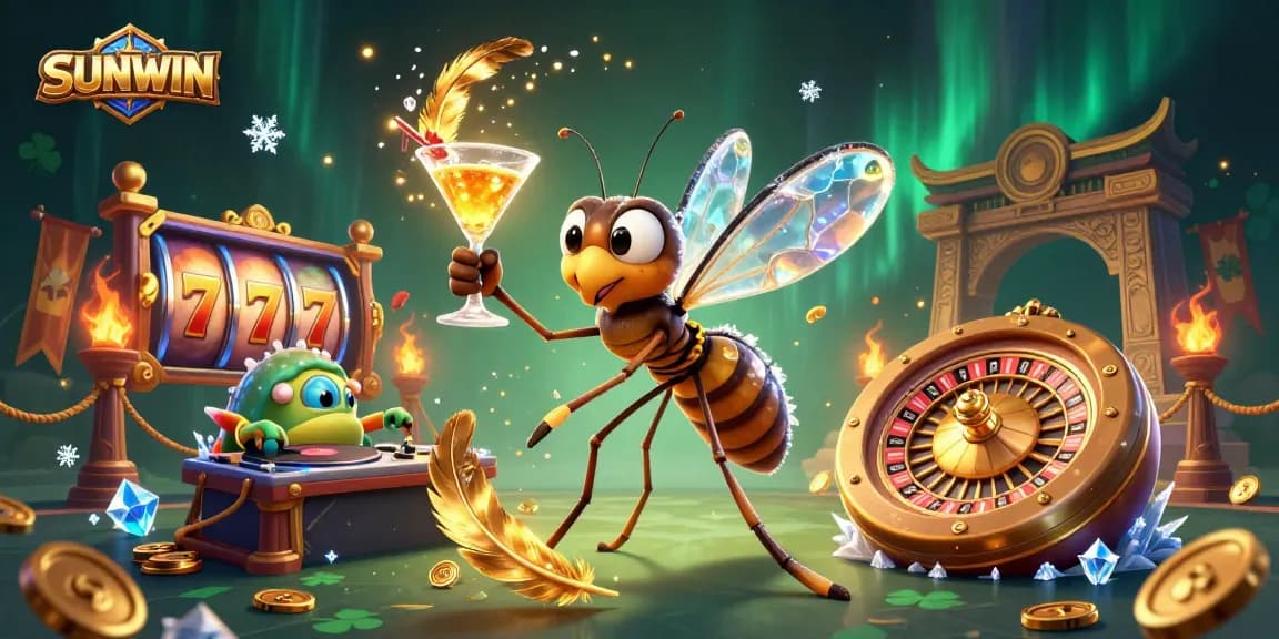 SUNWIN promotes thrilling gameplay with its mascot in a vibrant casino scene filled with excitement.