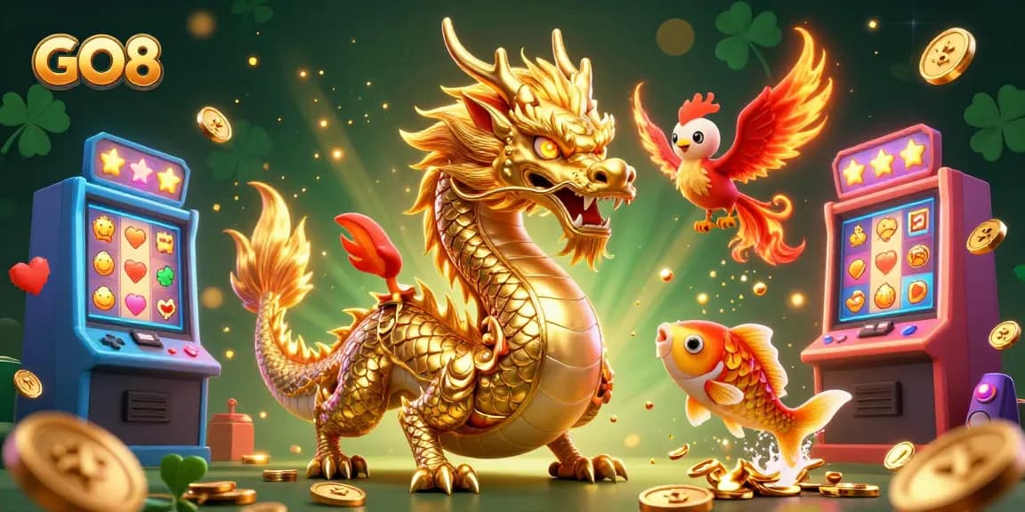 Engage with GO8 casino magic featuring a dragon, phoenix, and koi fish amidst vivid slot machines.
