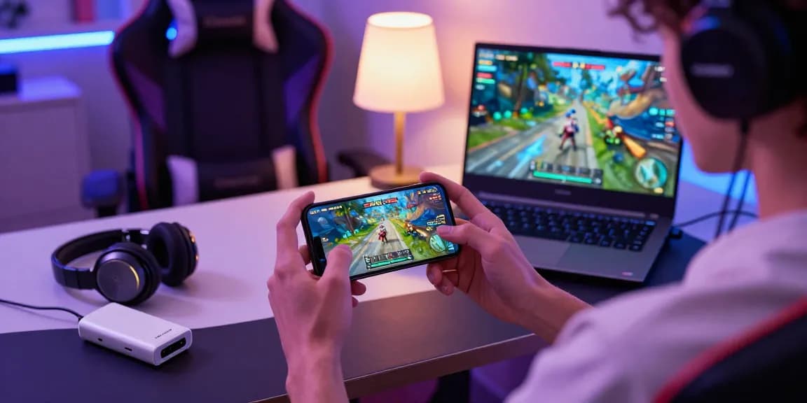 Player engaging with Zowin APK on smartphone in a stylish gaming setup, highlighting vibrant graphics and gaming accessories.