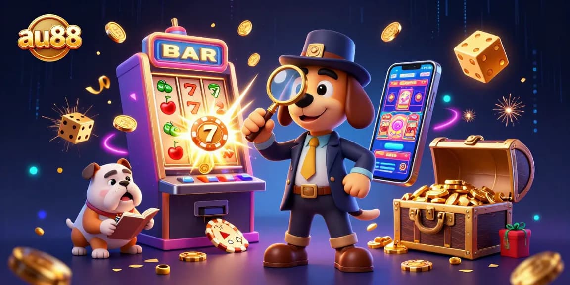 Experience thrilling games at au88 with a detective uncovering clues in a vibrant casino setting.