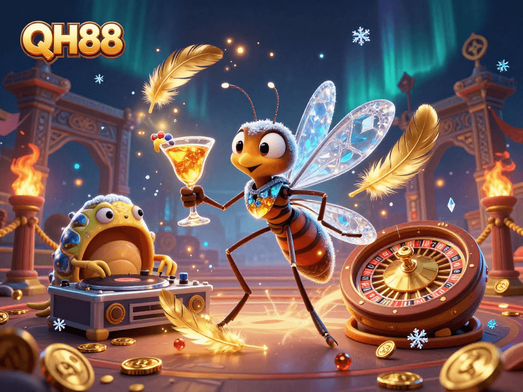 Engage with the lively world of QH88, featuring a casino-themed 3D illustration of a mosquito mascot and trilobite DJ.