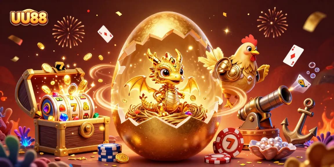 UU88 players engage with golden dragon and poker chips in exciting casino world.