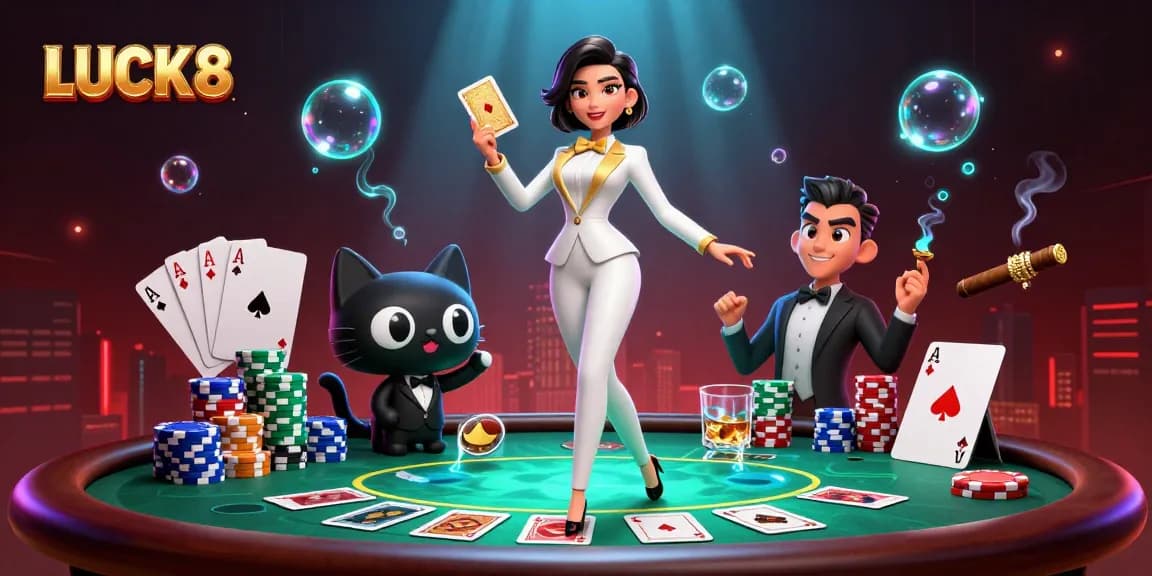 LUCK8 showcases a glamorous poker scene with a skilled woman and her tuxedo cat at the table.