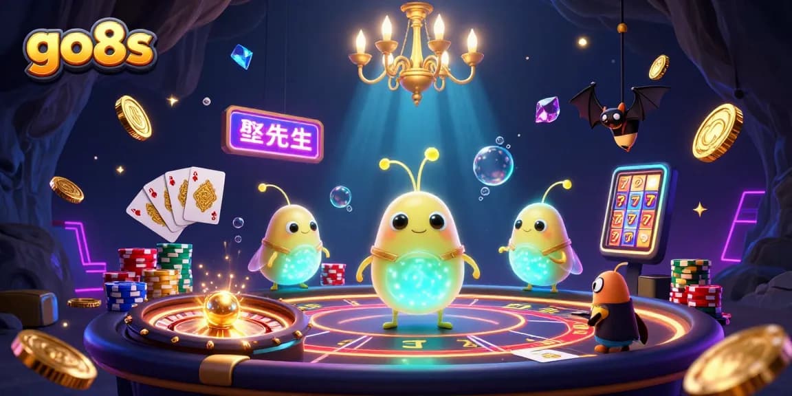 Experience the excitement of go8s with a vibrant 3D illustration showcasing a magical casino scene filled with animated glowworms.