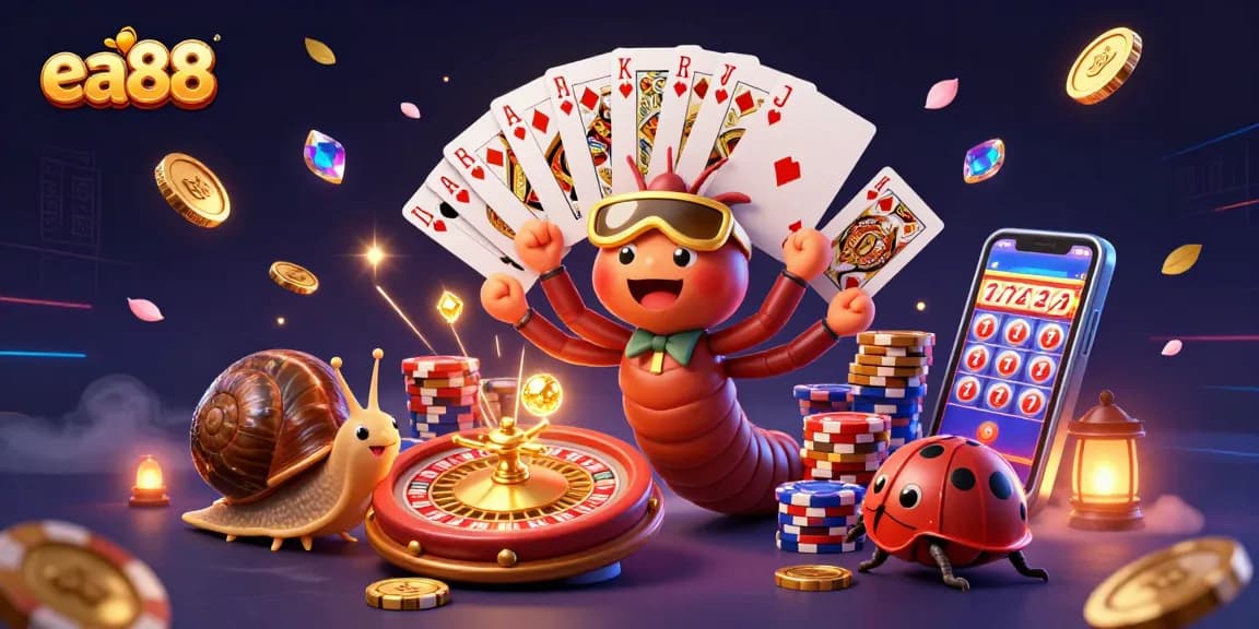 engage with the colorful scene of ea88 as cartoon characters distribute cards in a dynamic casino atmosphere