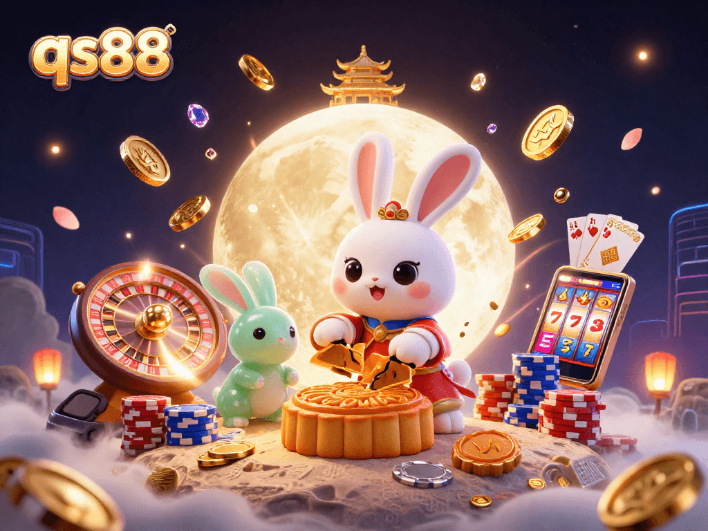 Cascade with qs88's golden poker chips and vibrant colors against moon rabbit folklore scene