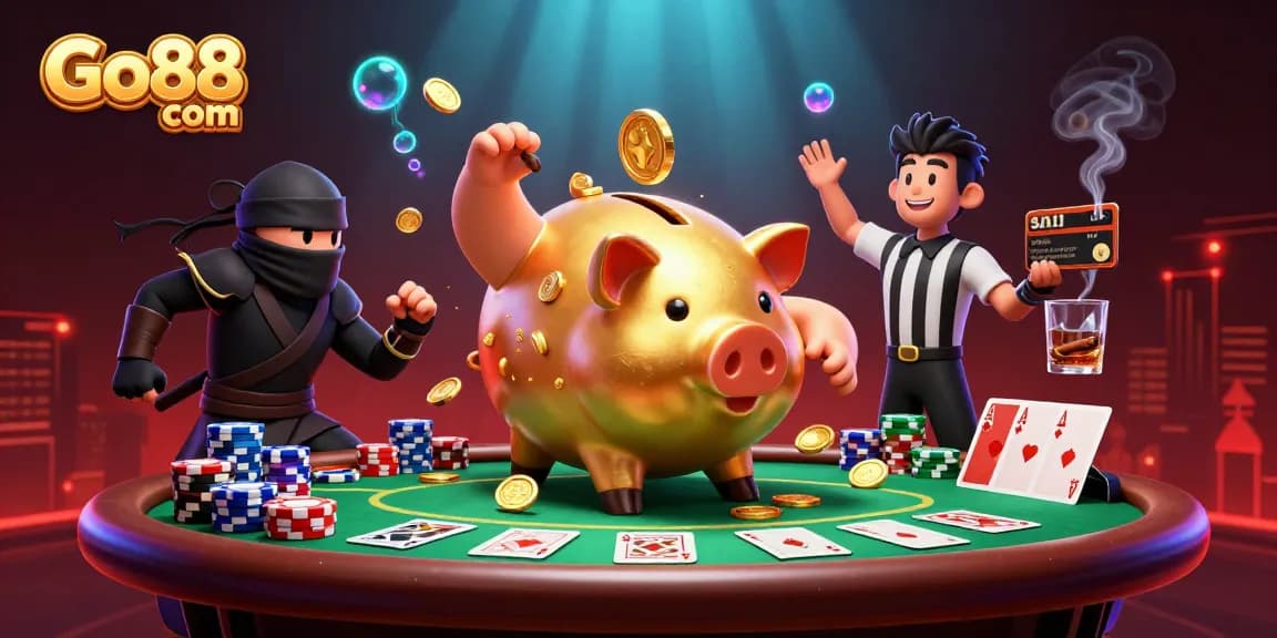 Experience excitement at Go88 com with a 3D cartoon scene of a sumo wrestler, ninja, and referee surrounding poker elements.