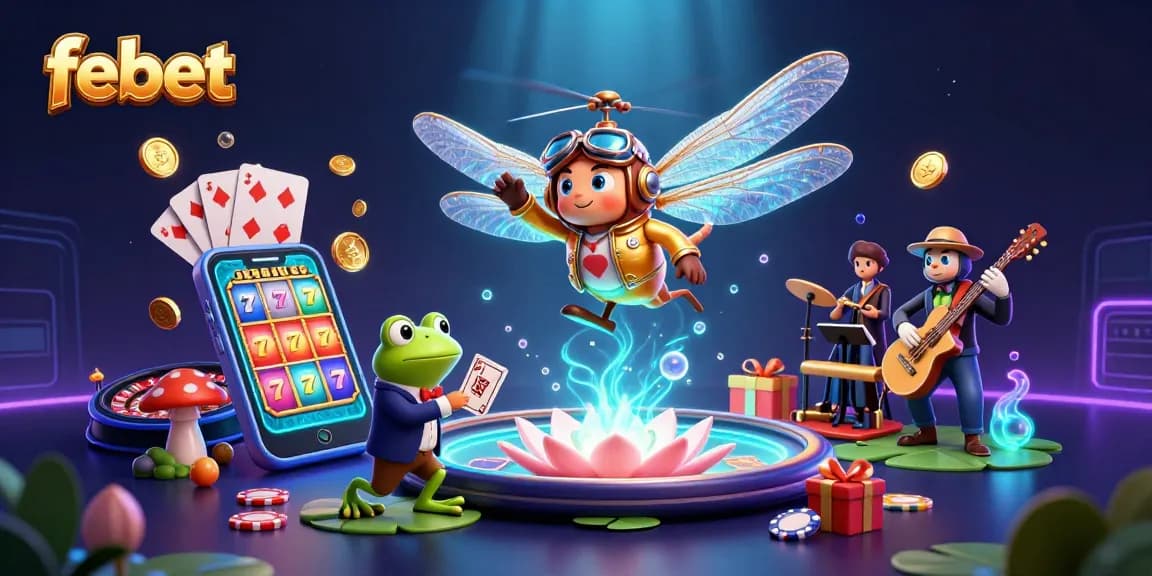 Spin the reels with febet at a vibrant lily pad casino animated scene full of colorful games.